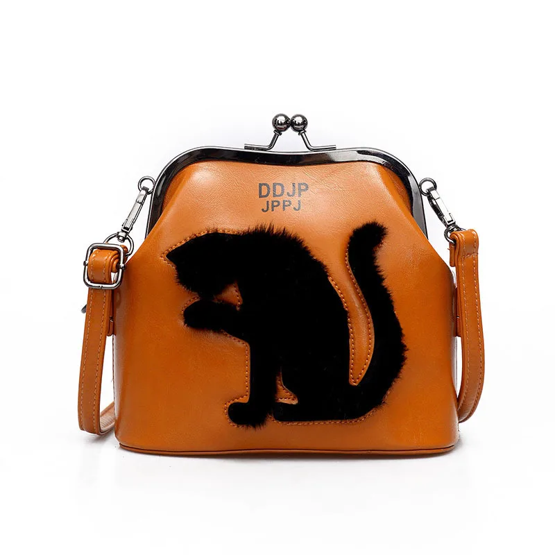 

Women Messenger Bags Designer Handbags High Quality PU Leather Cat Metal Frame Bag Fur Animal Hasp Shoulder Bags Clutch Vintage