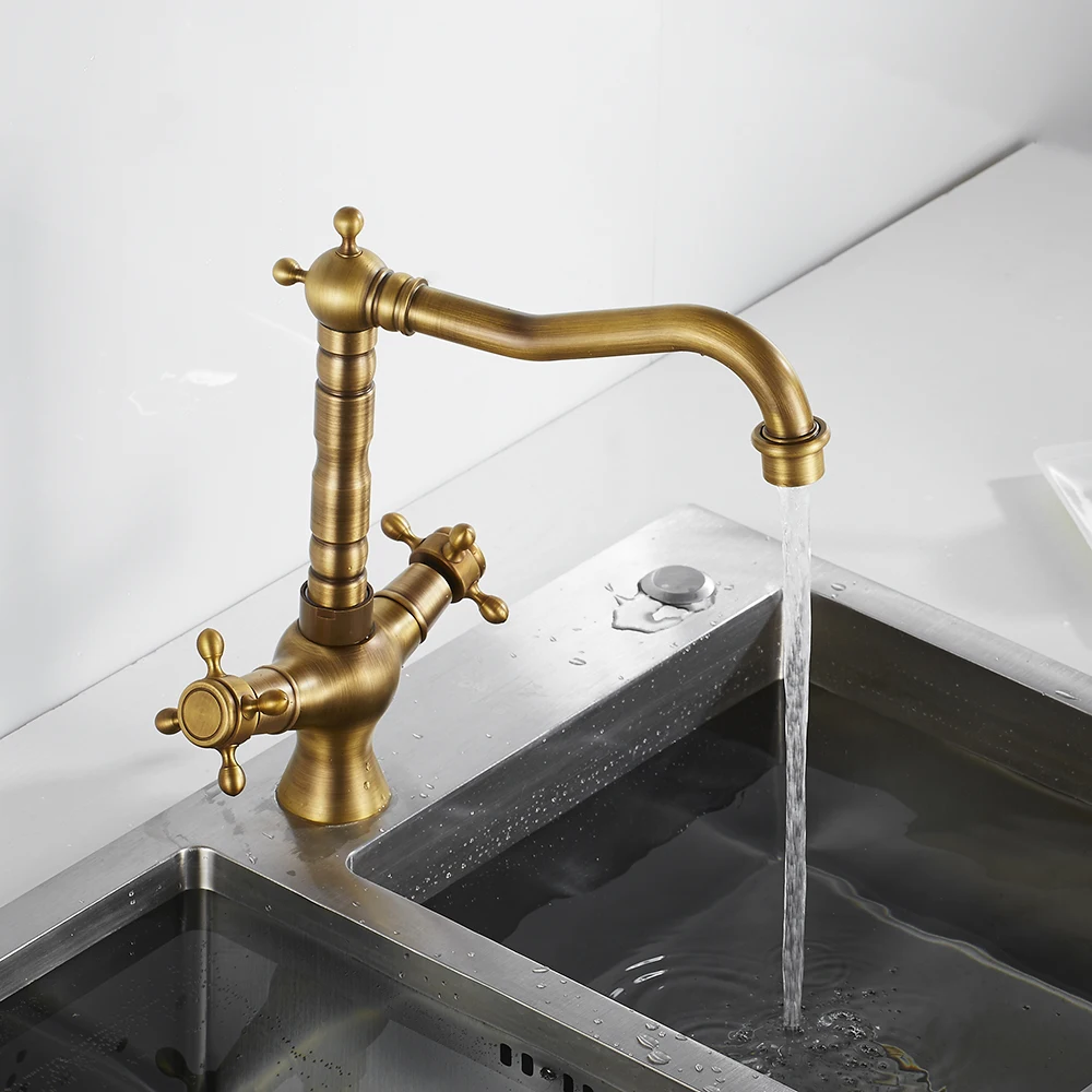 Kitchen Faucets Antique Brass Kitchen Sink Faucet 360 Swivel Bathroom Basin Sink Mixer Tap Dual Handles Cold And Hot Water Tap Kitchen Faucets Antique Brass Kitchen Sink Faucet 360 Swivel Bathroom Basin Sink Mixer Tap Dual Handles Cold And Hot Water Tap
