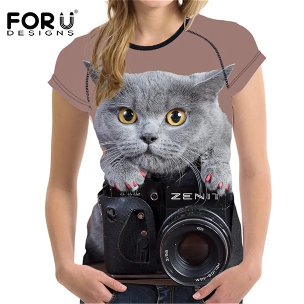 FORUDESIGNS Funny 3D  Animal Cute Cat  Camera  Print Women T 