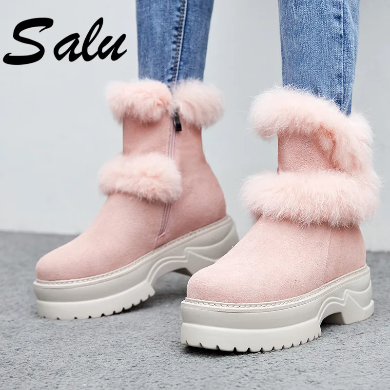

Salu Cow Suede Leather Fur Lined Women Winter Ankle Suede Snow Boots for Women Short Basic Winter Shoes Woman Black Pink