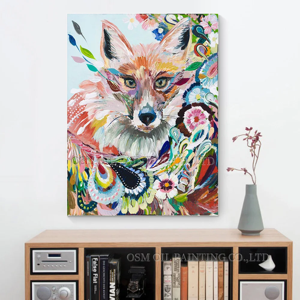 

High Skills Artist Handmade Colorful Animal Oil Painting on Canvas Beautiful Abundance Colour Fox Oil Painting for Wall Pictures