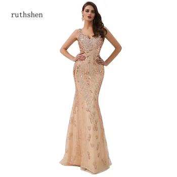 

ruthshen Rose Gold Luxury Evening Dress Formal Sweep Train Full Sequine Sleeveless Backless Curved Slim Sexy Mermaid dresses