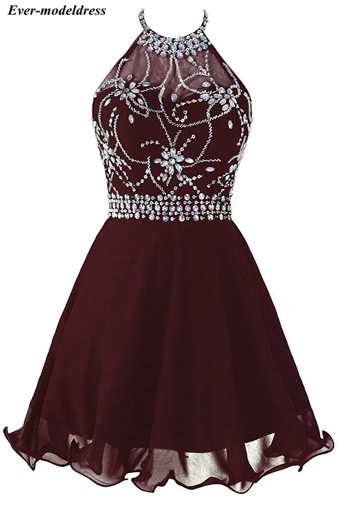 

Short Graduation Dresses 2019 Crystal Chiffon Halter Neck Backless Sexy Mini Homecoming Dresses Plus Size Cocktail Prom Gowns