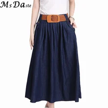 Длинная джинсовая юбка с поясом для женщин, большие размеры, летняя повседневная винтажная женская джинсовая юбка длиной до середины икры, женская Юбка Saia