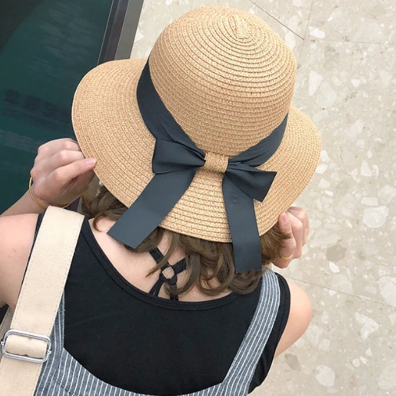 Summer Big Ribbon Hat Bow Floppy Beach Sun Large Cap Women Brim Straw Wide Solid
