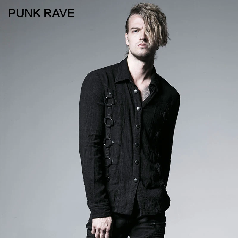 

PUNK RAVE Rock Fashion Curde Grain Punk Heavy Vintage Metal with Iron Hoop Men Black Long Sleeve Men Shirts Tops Harujuku