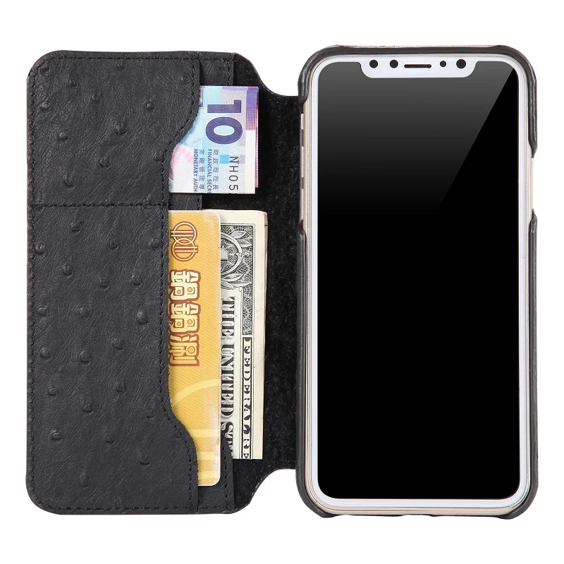 

Solque Genuine Leather Flip Wallet Case For iPhone X XS 10 Mobile Phone Cases Luxury Ostrich Card Holder Ultra Thin Book Cover