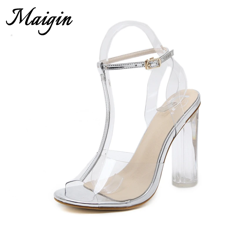 Maigin 12cm Super High Heels Sandals Women 2018 New Peep Toe Transparent Shoes for Women Buckle Strap Ladies Sandals Femme