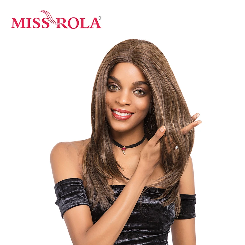

Miss Rola Wigs Synthetic Hair Medium Long Kanekalon Lace Frontal Wigs For Women 14inch 4/27# Brown Straight Hair Wigs