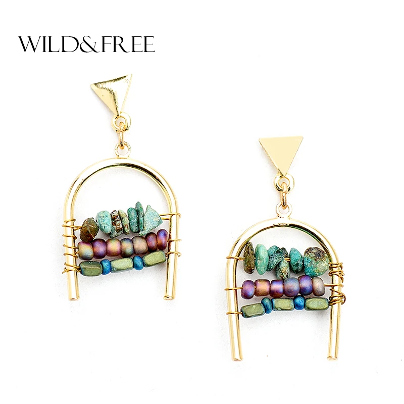 

WILD & FREE Women Mix Color Natural Stone Bead Stud Earrings Zinc Alloy Gold Geometric Shape Stud Earrings Jewelry