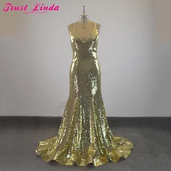 

New Arabic Backless Bridesmaid Dresses Mermaid Sparkly Long Party Dress Gold Sequins V-neck Formal Real Simple Cheap Prom Gowns