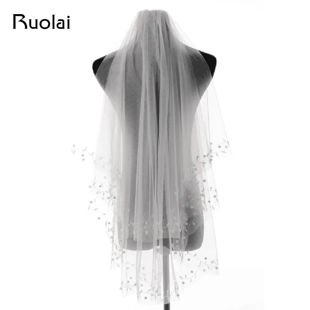 Бесплатная Доставка свадебные вуали с бусинами один слой 1 5 м Короткие Свадебные