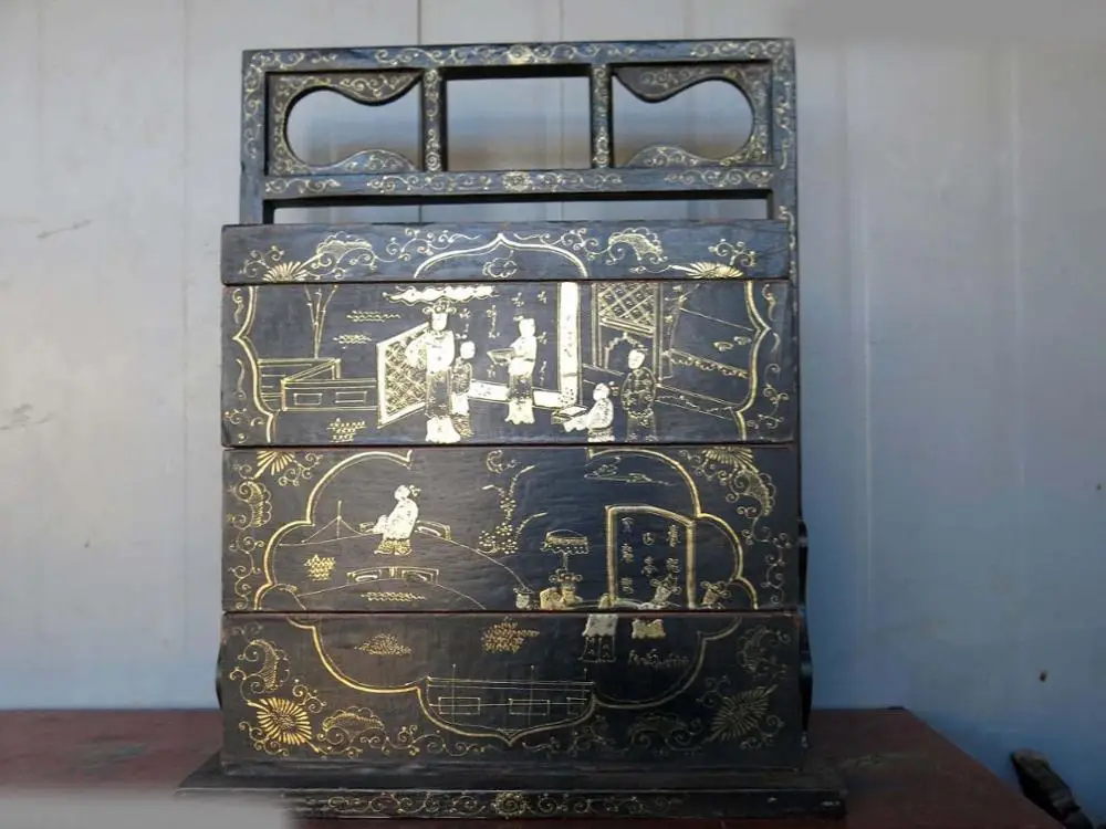 

16" China old handwork lacquerware wood fine picture hamper grub box statue