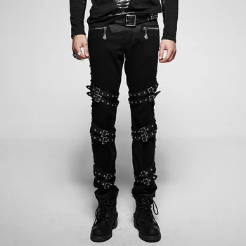 

Devil Fashion Punk Thick Diagonals Man Trouser Mid Waist Black Loose Casual Trousers Rock Buckles Tide Handsome Men Pants