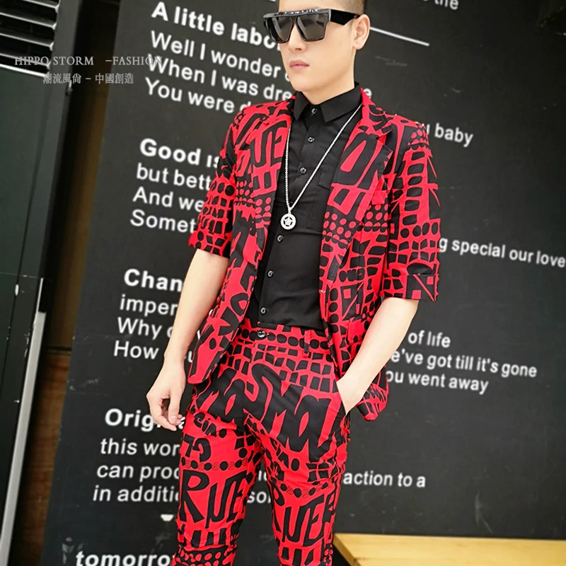 

Red Letter 2pcs Men Slim Fit Suit (jacket+pant) Male Fashion Print Blazer Suit Men Suit Set Stage Show Singer Dj Costume Homme