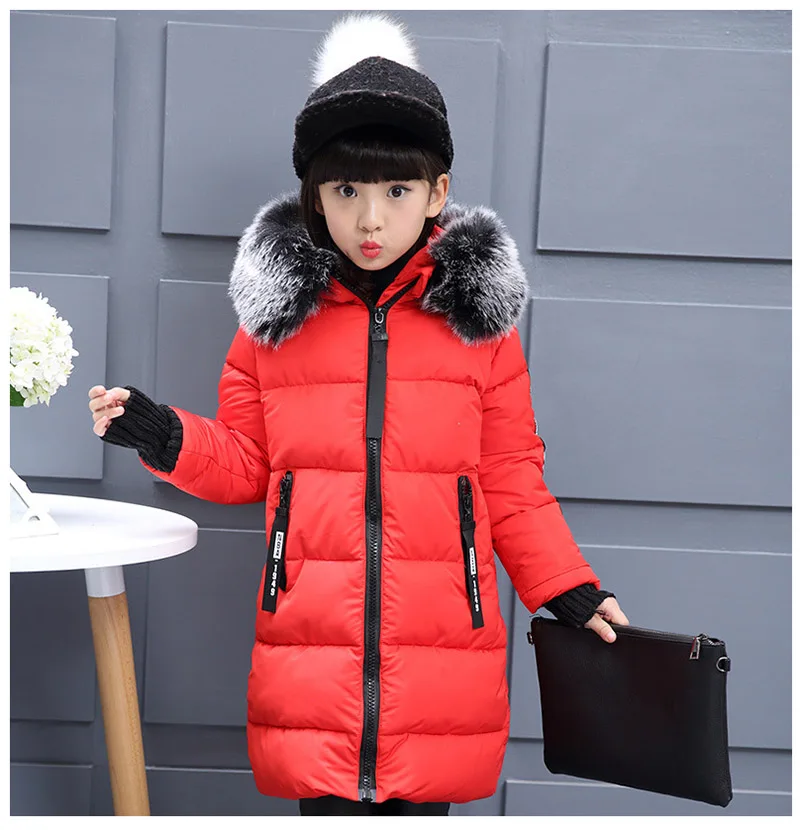 2018 Faux Fur Hood Jacket for Girls Children Snow Wear Parka Thick Cotton-Padded Winter Jacket for Children Christma Winter Coat (3)