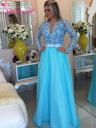 

Alexzendra Sky Blue A Line Long Sleeves Prom Dresses Customize 2019 Illusion Back Lace Elegant Party Dresses Plus Size
