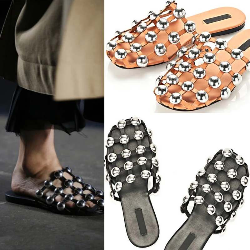 

Summer 2019 Women Mules Black Cuts Out Studded Caged Slippers Runway Flat Slide Sandals Slip On Sandals Outdoor Large Size 44