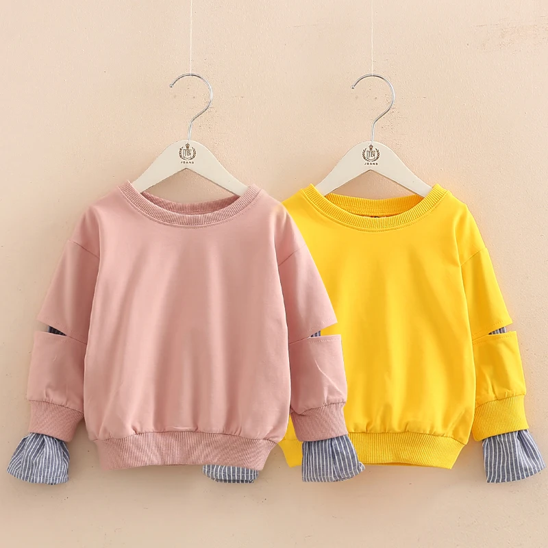 

2018 Spring Autumn 2-6 7 8 9 10 Years Teenager Solid Color Patchwork Fake 2 Pcs Baby Kids Basic Sweatshirt For Girls 11 12 Years