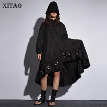 [XITAO] корейская мода, новинка, Осеннее женское платье с отложным воротником и длинными рукавами, однотонное платье с оборками до середины икры LJT4055