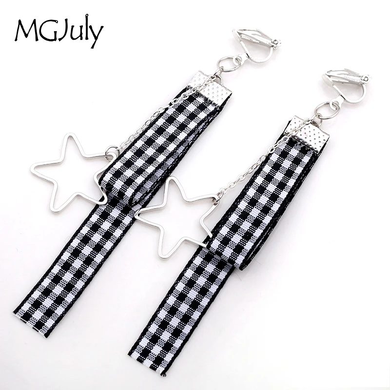 

Metal pentagram Ribbon Earrings No Pierced Ear Clips Black Lattice Ribbon Clip Earring Without Piercing Women Long Earring CE062
