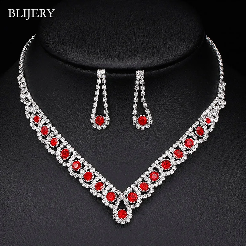 

BLIJERY Fashion Statement Bridal Jewelry Sets Red Rhinestone Crystal Choker Necklace Earrings Wedding Jewelry Sets for Women