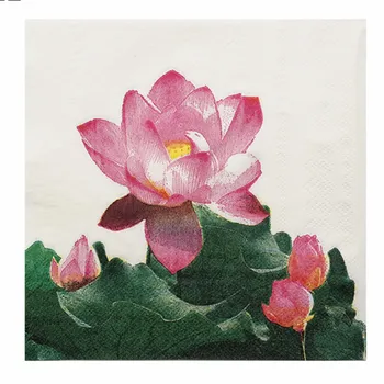 

20 vintage table napkin paper tissue decoupage green pink Lotus flower birthday wedding party home decor serviettes handkerchief