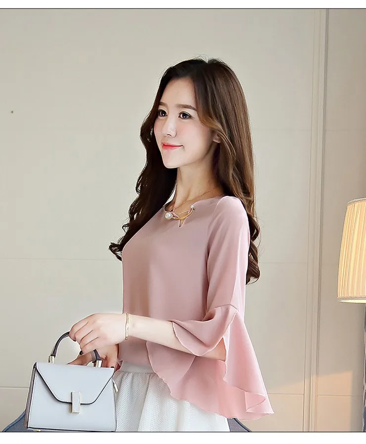 Women Blouses 2018 Elegant Summer Shirts Ladies Solid O-Neck Three Quarter Sleeve Blusas Femininos Casual Pink Tops Ete (3)