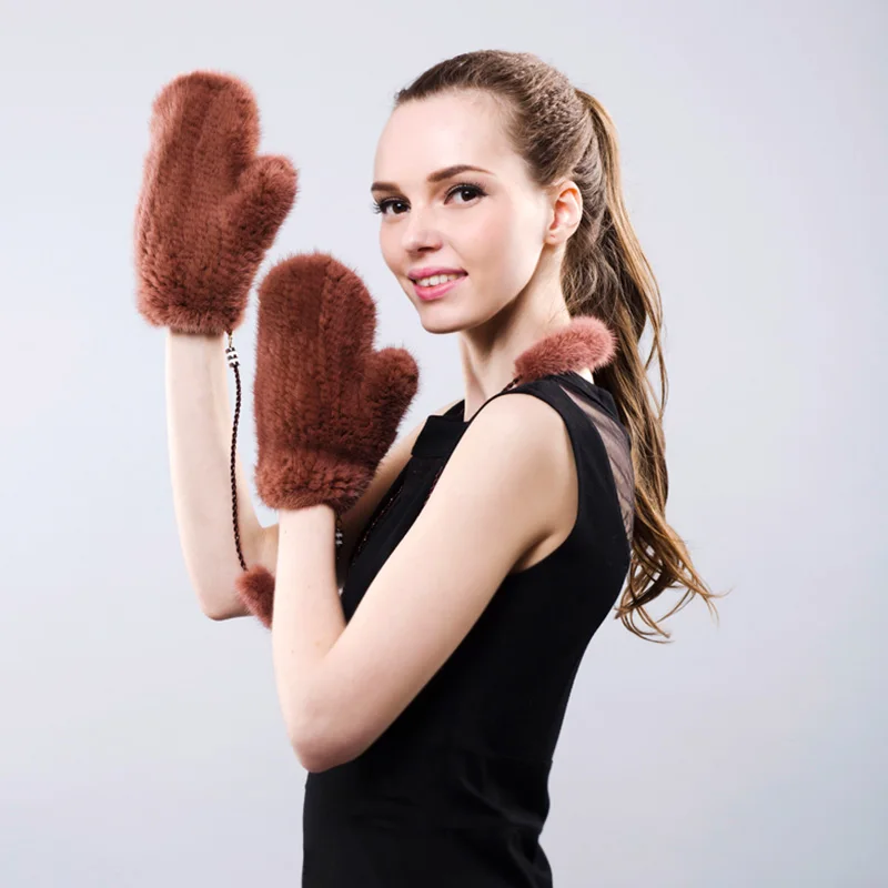 Для женщин норки перчатки трикотажные для зимы реального норки женские г. Новые однотонные Цвет перчатки полный палец варежки и перчатки из натуральной кожи