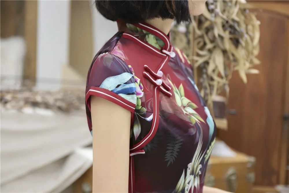 Шанхай история Листья печати Qipao платья Длинные китайские традиционные платья Cheongsam для женщин