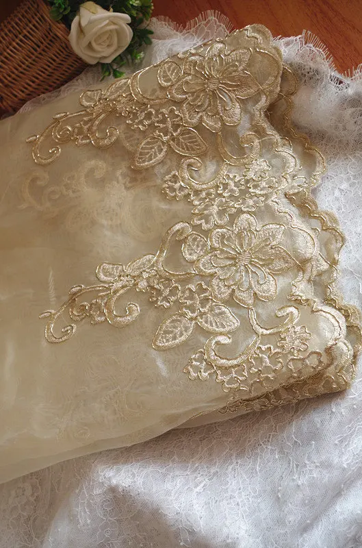 

gold cord lace trim with retro floral, champagne lace trim with gold alencon embroidery