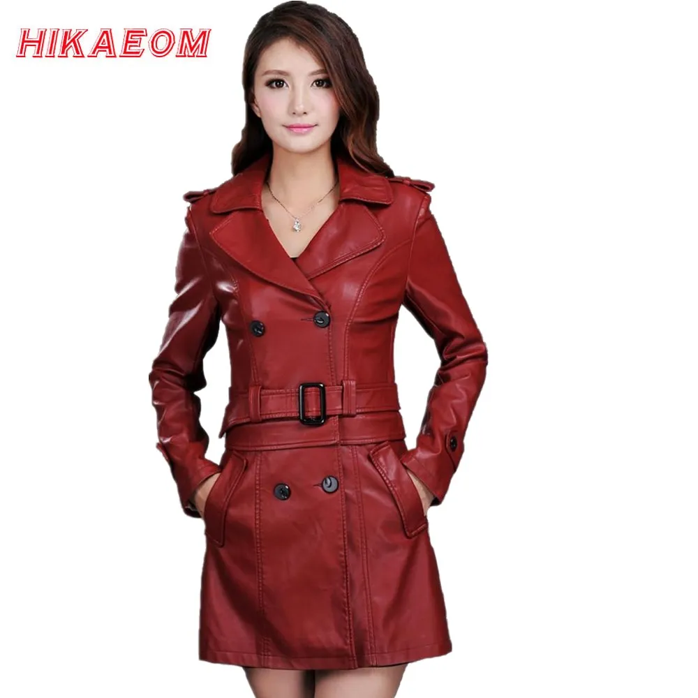 

Leather Jacket Women Top Fashion New Plus Size Slim Dual Use Pu Removable Ladies Faux Synthetic Long Leather Trench Coat Female