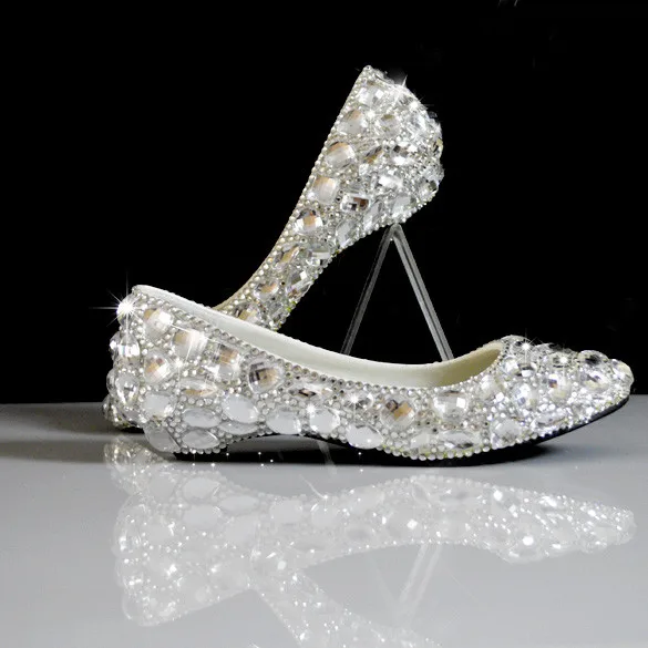 white rhinestone wedges wedding shoes bridal dress shoes shallow mouth shoes big plus size 35 44