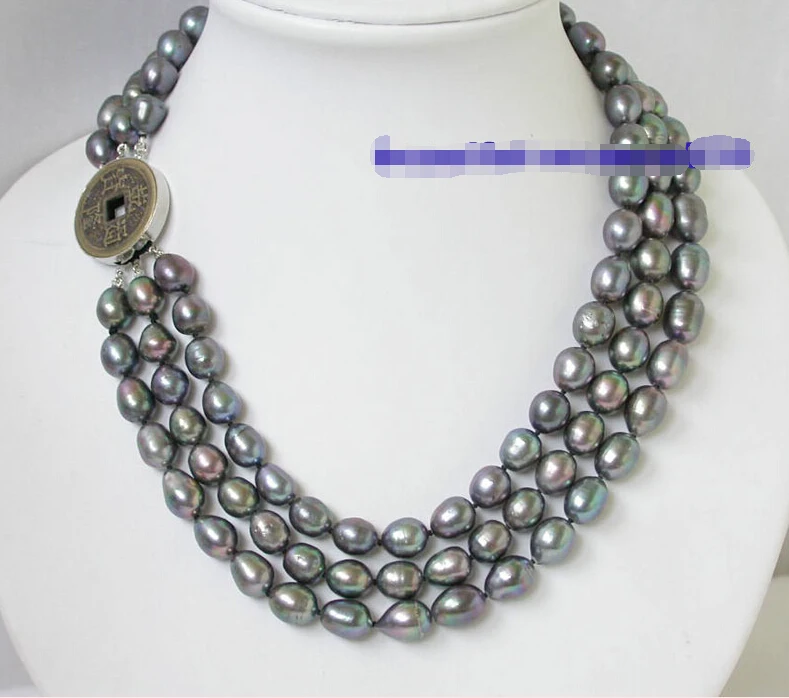 

FREE SHIPPING ****** n943 beautiful 3strand 11mm baroque rice peacock luster black pearl necklace (A0501)