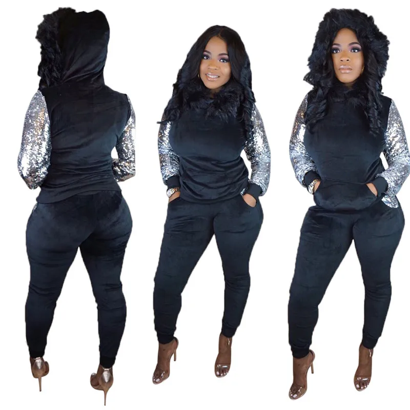 women plush hooded Sequins two piece set-9