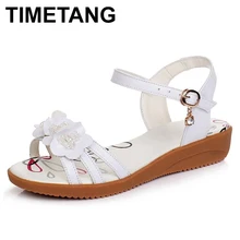 TIMETANG Genuine leather women sandals summer flower ankle wrap flat sandals fashion ladies footwear shoes large size 33-43