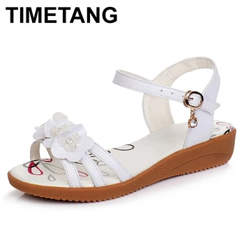 

TIMETANG Genuine leather women sandals summer flower ankle wrap flat sandals fashion ladies footwear shoes large size 33-43