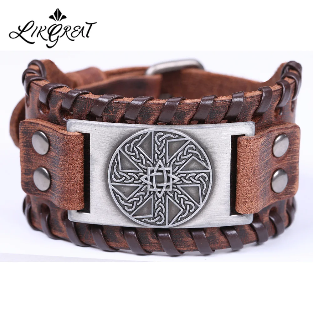 

LIKGREAT Slavic Kolovrat Wicca Amulet Cuff Wristband Jewelry Sun Wheel Celtics Knot Pagan Talisman Leather Bracelet Adjustable