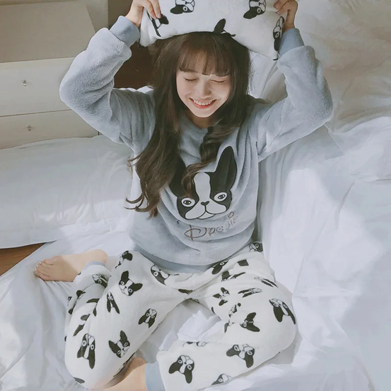 

2019 autumn Winter Women pajamas Girl sleepwear Warm flannel Cartoon Leisure Home clothes lovely pijama mujer women pajama set
