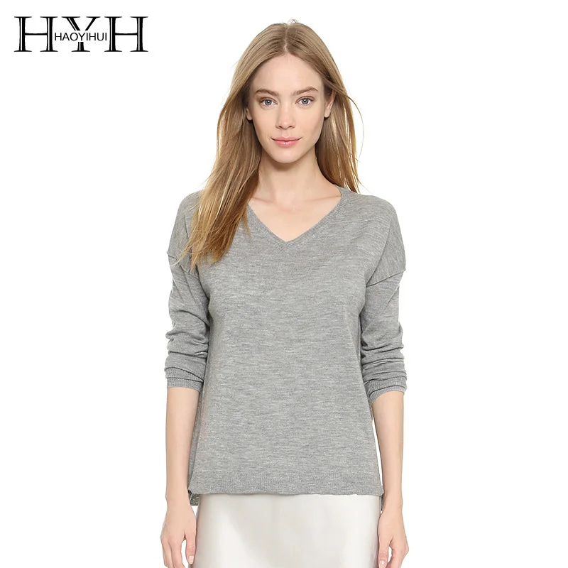 

HYH Haoyihui Gray Elegant Sweater Women Clothing Long Sleeve V-Neck Basic Pullover Tops Female Soft Casual Fitness Loose Sweater