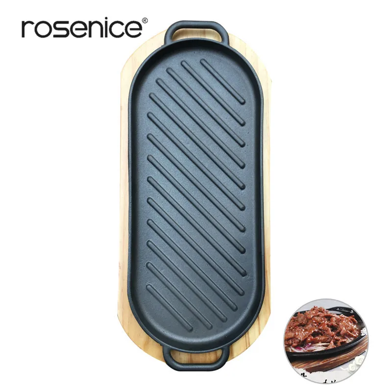 

Non-stick Cooking Grill Pan Iron Steak Plate Steak Frying Pan with Wooden Tray Kitchen Cookware