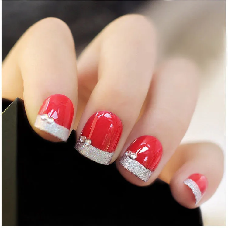 

24pcs Classical French Fake Nail Art Diamond Decoration Short Square Head Red Full Cover False Nails Tips with Glue Sticker