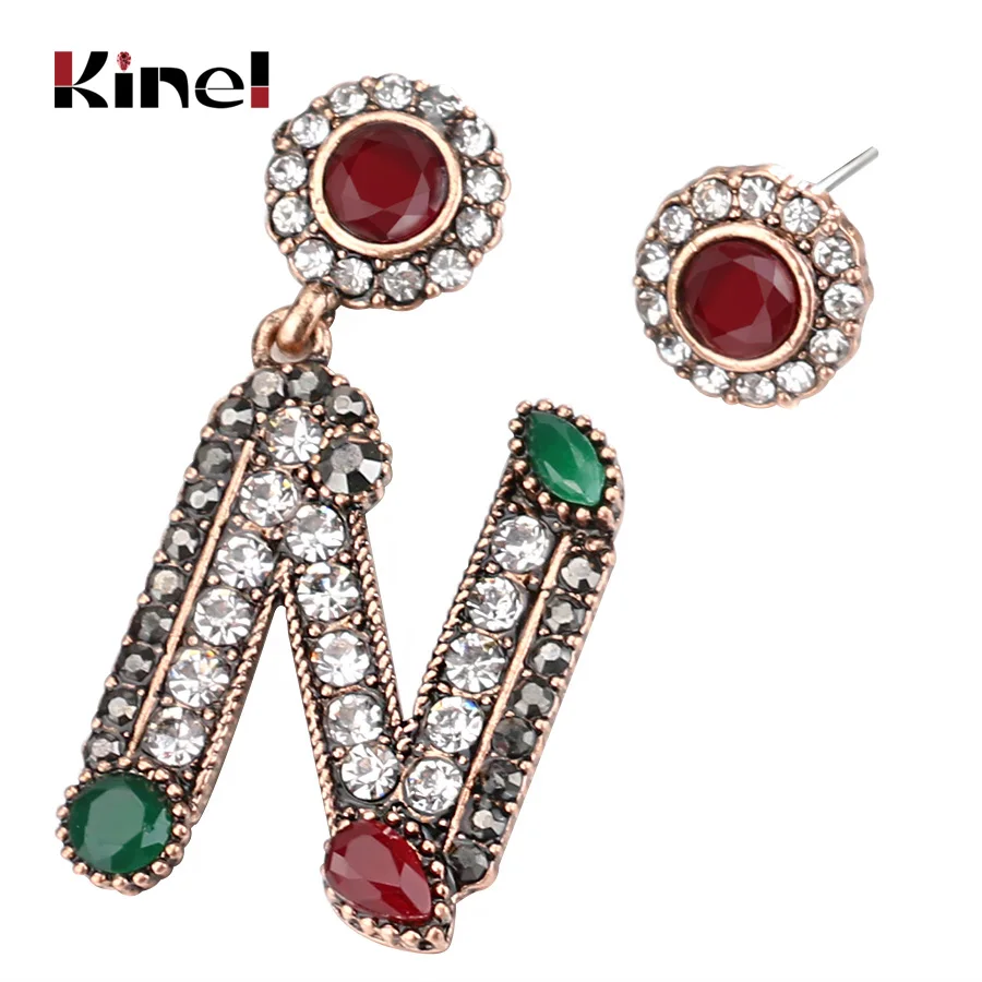 

Kinel 2017 New Vintage Turkish Earrings For Women Antique Gold Color Letter N Asymmetry Stud Earring India Style Jewelry
