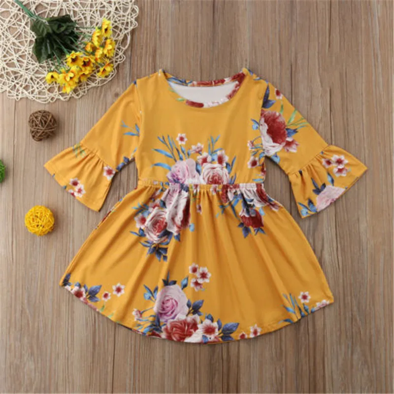 

Autumn Long Sleeve Round Neck Girls Clothing Casual Solid Wedding Cute Dresses Princess Kids Baby Girl Dress Floral Party