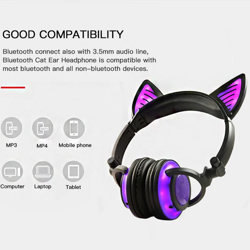 Милые Беспроводные наушники с ушками Bluetooth микрофон мигающая светящаяся