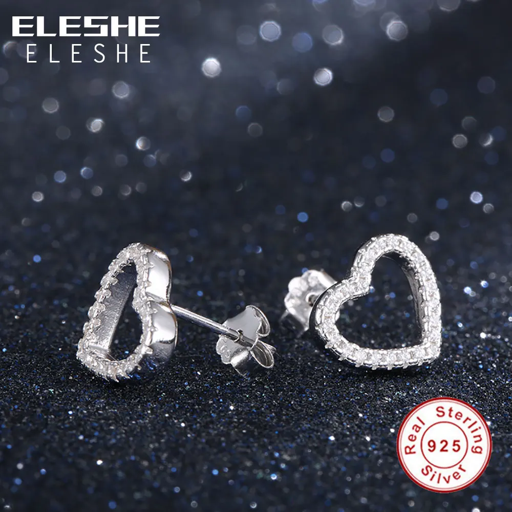 ELESHE Authentic 925 Sterling Silver Earrings for Women Pave Crystal Hollow Heart Stud Earrings Wedding Valentine's Day Gift