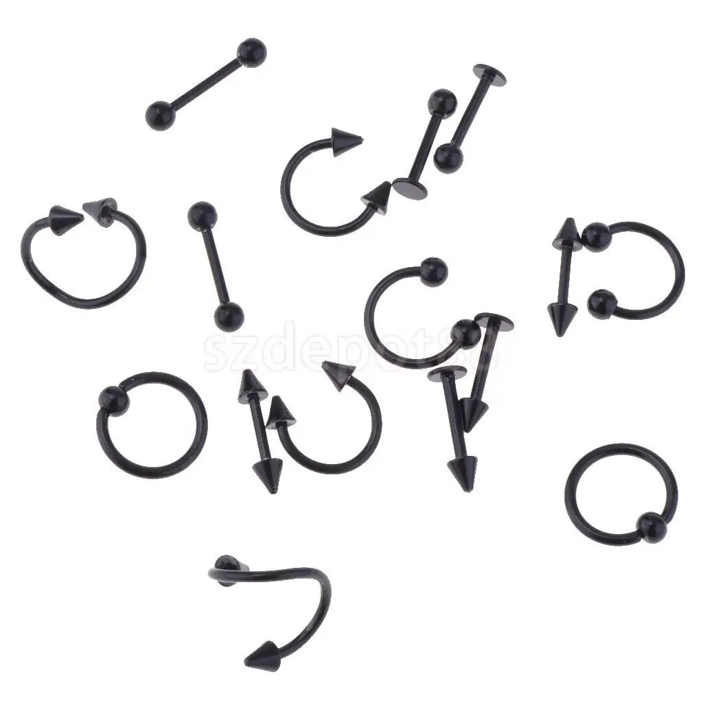16 Pieces 16g Stainless Steel Assorted Eyebrow Ear Lip Navel Ring Body Piercing Kit
