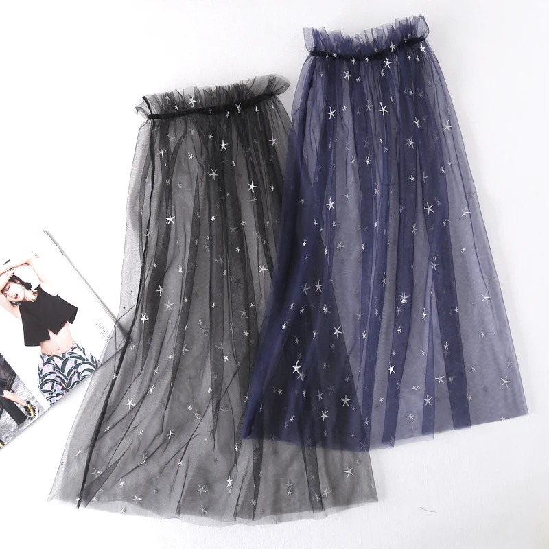 

women summer sexy lace high waist stars embroidery long skirt korean vintage tulle mesh transparent midi overskirt skirt D166
