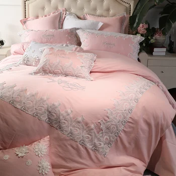 

Dream Princess Pink luxury white Lace Embroidery 60S Egyptian cotton Girl Bedding Set Duvet Cover Bed sheet Pillowcases 4/7pcs