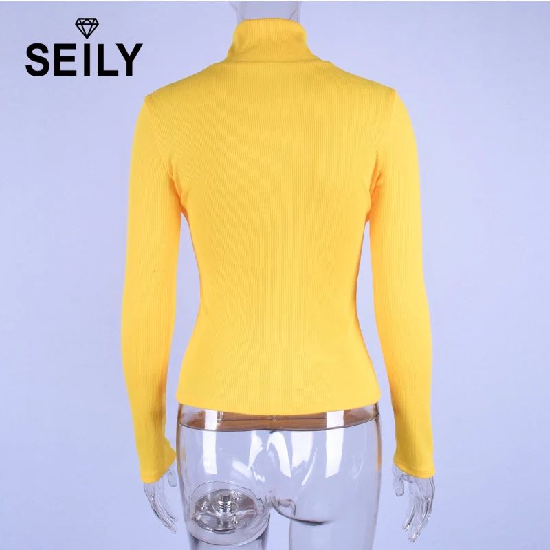 Seily Winter 2019 Letter Computer Knitted Yellow Turtleneck Sweater Women Zipper High Neck Long Sleeve Knitwear Pullover Sweter